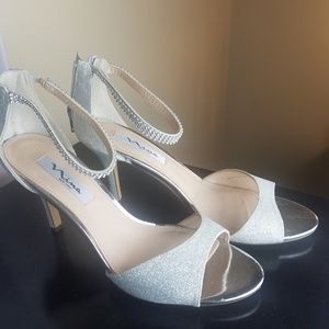 Nina New York Silver Heels W/ Rhinestone Strap